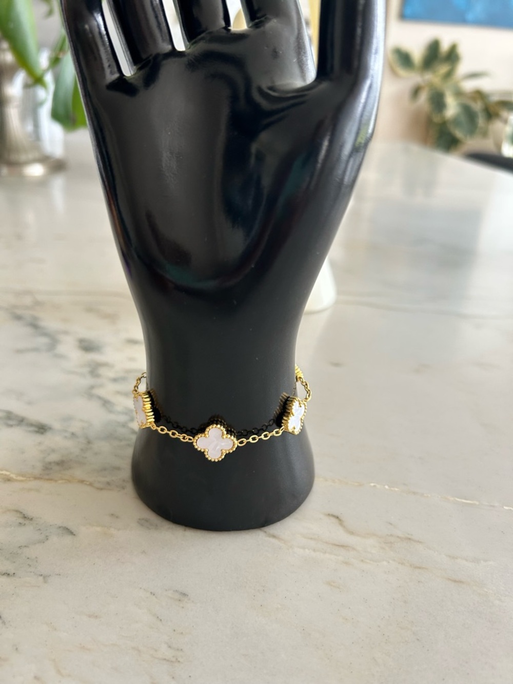 Gold Clover Link Bracelet with White Mother-of-Pearl Accents